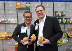Kenny Kataoka (left) and Robert Schueller (right) of Melissa's. The company's hot item is the organic drinking coconut. Schueller said it doesn't need any tools to open - you just need to open the top and place in the straw. Available from Thailand year round. Another focus item is the yellow dragon fruit from Ecuador.